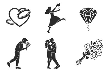 Romantic love and wedding icons set isolated on white background