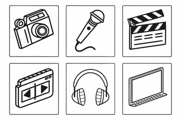 Media and entertainment icons isolated on white background
