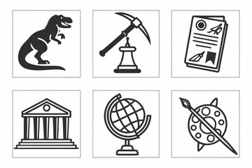Collection of history and science icons isolated on white background