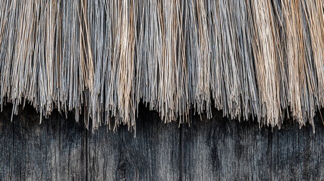 Close Up of Thatch Roof with Wooden Surface Background in Natural Lighting