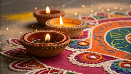 Three lit clay diyas on a colorful rangoli during a festival celebration