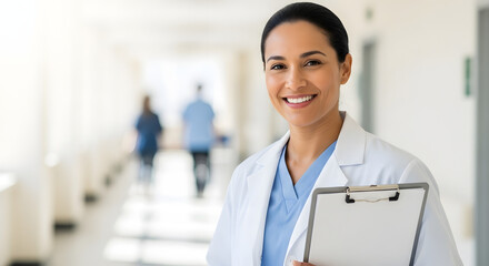 Fototapeta premium Dedicated healthcare professional with a warm smile stands confidently in a hospital corridor exemplifying trust and competence while contributing to a positive patient experience and healthcare