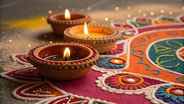 Three lit clay diyas on a colorful rangoli during a festival celebration