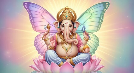 Ganesha, the elephantheaded hindu deity, sits in meditation on a lotus flower with butterfly wings