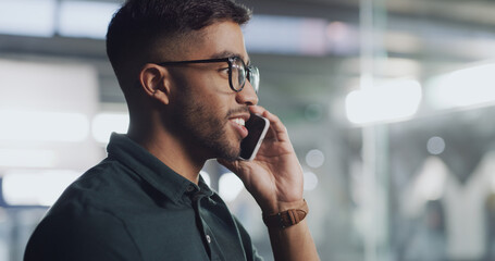 Face, phone call and smile with business man in office at night for conversation or project update. Communication, negotiation and planning with happy employee speaking on mobile for networking © peopleimages.com