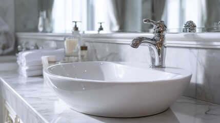 Fototapeta premium closeup of porcelain washbasin in bright bathroom no logos no brands ar 169