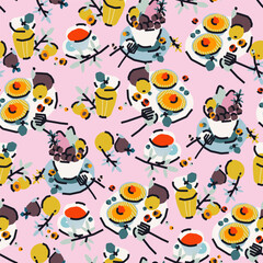 Seamless pattern with food, breakfast, dessert. Tea drinking. Trendy cute vector illustration, background, wrapping paper