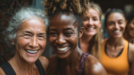 Fototapeta premium happy multi generational women having fun together multiracial friends smiling on camera after sport workout outdoor main focus on african female face no logos no brands ar 169