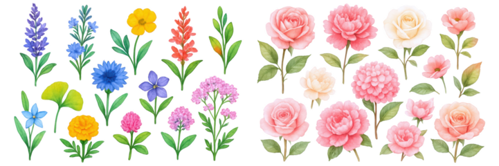 A vibrant collection of illustrated flowers in various colors and styles, perfect for design projects.