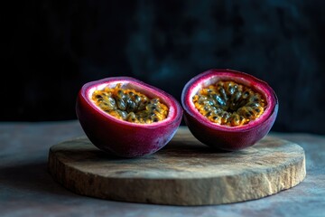 Two halved passion fruits reveal vibrant yellow pulp and numerous black seeds, resting on a rustic wooden board against a moody dark background