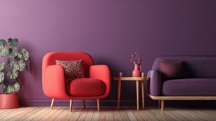 red armchair near wooden table and purple sofa against the wall with mockup in living room interior no logos no brands ar 169