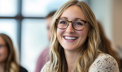 Person with long wavy blonde hair wearing a light knit sweater, seated indoors with a soft-focus background suggesting a casual or professional setting.