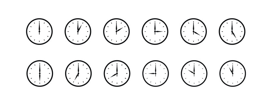 Simple analog clock face bundle showing different times in minimal design