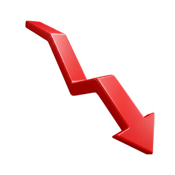 Urgent decline indicator showing a red arrow trending downwards, symbolizing market crash, failure, loss, and economic recession in a financial crisis