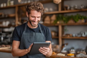 Young male cafe owner in a stylish cafe using a tablet while managing operations during a busy morning shift
