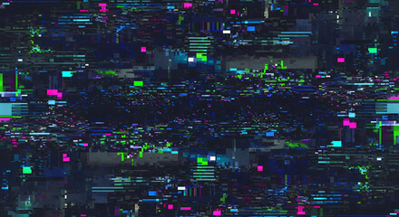 Dynamic digital distortion and vibrant pixelated abstract art creating a unique cybernetic glitch aesthetic with colorful interference patterns.