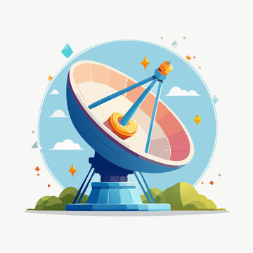 Flat style vector icon of a satellite dish capturing signals from space, symbolizing astronomy communication and research.