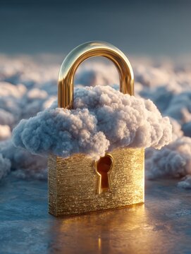 cloud security golden padlock on cloud representing secure data storage and protection in a data center illustrates cybersecurity and data safety