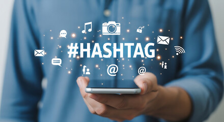 Visualizing social media and digital communication trends A hand holds a smartphone displaying a glowing #HASHTAG with surrounding online connectivity icons.