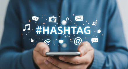 Mastering social media engagement A person holds a smartphone, interacting with prominent hashtags and digital communication icons, highlighting online trends and connectivity.