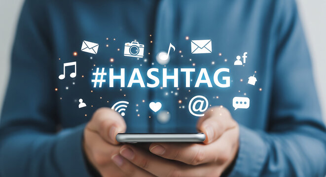 Mastering social media engagement A person holds a smartphone, interacting with prominent hashtags and digital communication icons, highlighting online trends and connectivity.