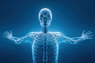 Human skeleton front view with outstretched arms, highlighting anatomical details and structure in a clinical setting with a blue background