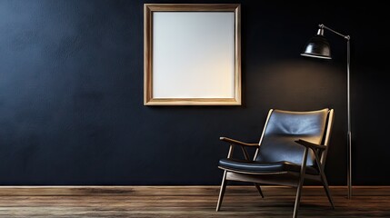 A dark, moody interior scene features a mid-century modern leather armchair positioned before a dark wall, a wooden framed blank canvas above it, and a floor lamp casting a warm light