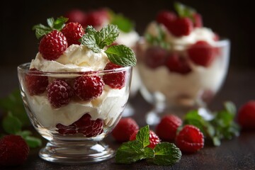 Delicious dessert parfaits filled with sweet raspberries and creamy layers served in elegant glass cups at a cheerful gathering