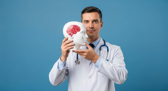 Doctor holding a human head model showing brain activity research - Powered by Adobe