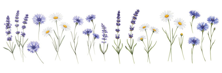 Fototapeta premium A colorful array of blossoms, featuring daisies and lavender, arranged beautifully.