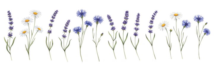 A vibrant row of colorful flowers, including daisies and lavender, creating a cheerful atmosphere.