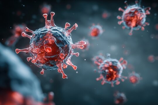 Visual representation of the coronavirus cell illustrating its structure with spikes and genetic material in a dark background