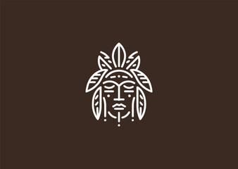 A respectful minimalist Native American face logo in clean line art style, representing heritage and tradition.