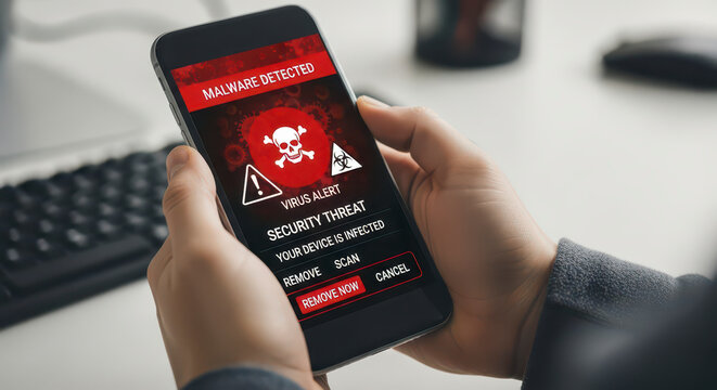 Smartphone Showing Critical Security Alert Warning of Malware Infection Dangerous Virus Detected