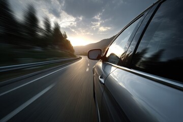 Car moves effortlessly along an open road at sunset, surrounded by distant mountains and a dramatic sky