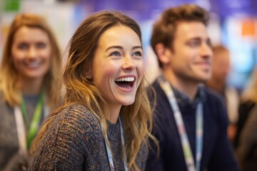 Obraz premium Happy young woman laughing joyfully in a lively atmosphere during a social event surrounded by engaging attendees in a vibrant setting