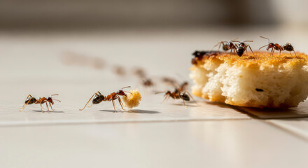 Tiny Ants Working Together Carrying Food to Their Nest
