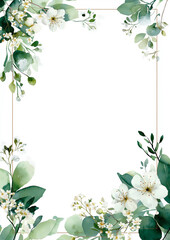 Fototapeta premium Soft Green Watercolor Floral Border on Light Background
