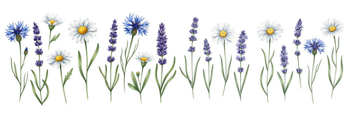 Fototapeta premium A vibrant array of wildflowers featuring daisies, lavender, and bluebells in full bloom.