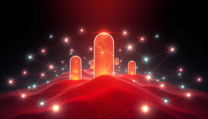 Futuristic global network visualization with glowing digital nodes and earth elements creating dynamic interconnectedness