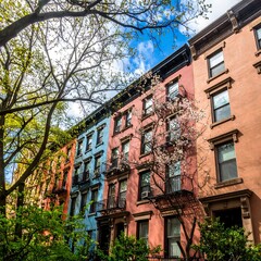 Fototapeta premium Colorful row houses under springtime trees
