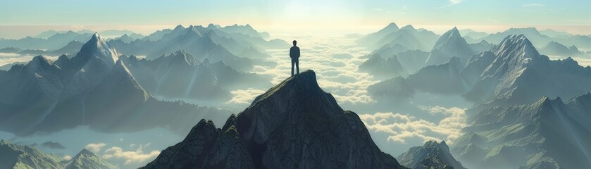 A 3D illustration of a person climbing a mountain with a clear path leading to the summit, 
