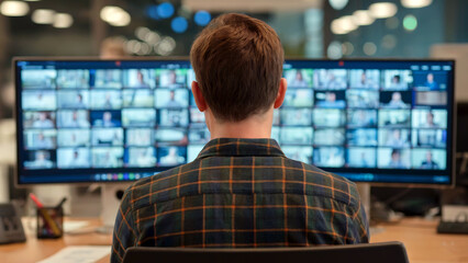 Man participates in virtual conference call using dual monitors for remote teamwork