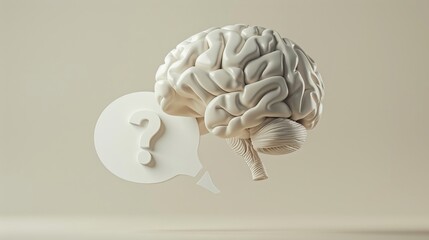A 3D model of a brain with a thought bubble containing a question mark, symbolizing the importance of curiosity and critical thinking, with a playful and inquisitive style  ,3DCG