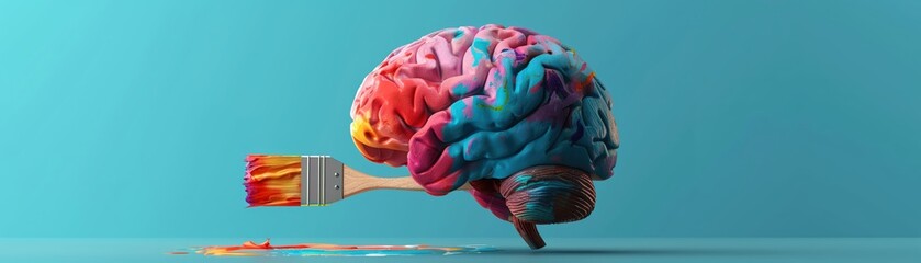 A 3D model of a brain with a paintbrush adding vibrant colors, representing the power of creativity in shaping our mindset  ,3DCG