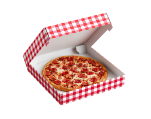 Create an ultra-realistic photograph of pizza in its box, with red and white gingham patterned paper inside the top lid, on a Transparent background PNG