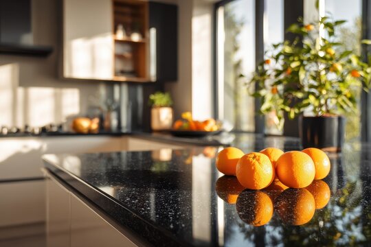 Modern kitchen featuring elegant black countertops with fresh oranges arranged neatly on the surface, illuminated by natural light from large windows during late afternoon