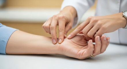 Doctor checking patient pulse on wrist with fingers gentle touch