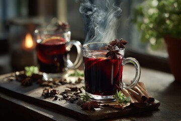 Mulled wine with spices served in glass mugs, captured in a warm, inviting atmosphere, perfect for winter gatherings and cozy evenings