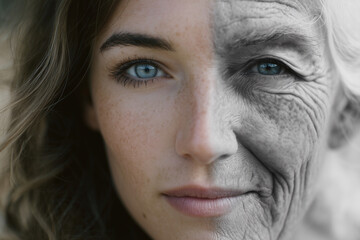 Fototapeta premium A woman's face is split into two, one side looking young
